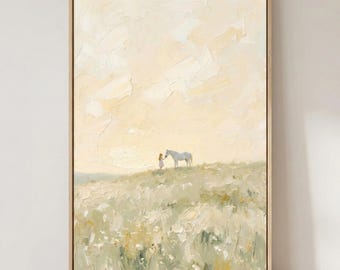 Girl and Horse Wall Art, Impasto Style Print, Textured Meadow Decor, Cream and Sage Nursery Art, Neutral Farmhouse Decor, White Horse Poster