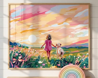 Girl And Dog Impressionist Sunset Wall Art, Golden Retriever Gift, Wildflower Meadow Decor, Country Landscape Decor, Pink Sunset Nursery Art