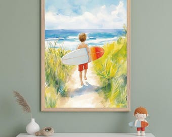 Surfer Boy Wall Art, Beach Nursery Decor, Coastal Kids Room Print, Watercolor Surfboard Art, Summer Ocean Poster, Surfing Illustration