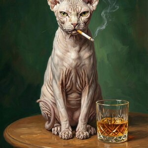 Oil painting of a stern-looking Sphynx cat sitting on a round wooden table, with a lit cigarette in its mouth and a glass of whiskey beside it, set against a dark green background with curling smoke.