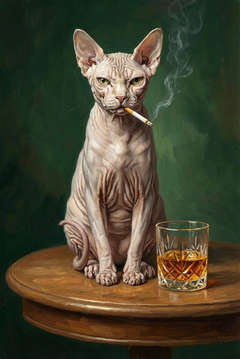 Oil painting of a stern-looking Sphynx cat sitting on a round wooden table, with a lit cigarette in its mouth and a glass of whiskey beside it, set against a dark green background with curling smoke.