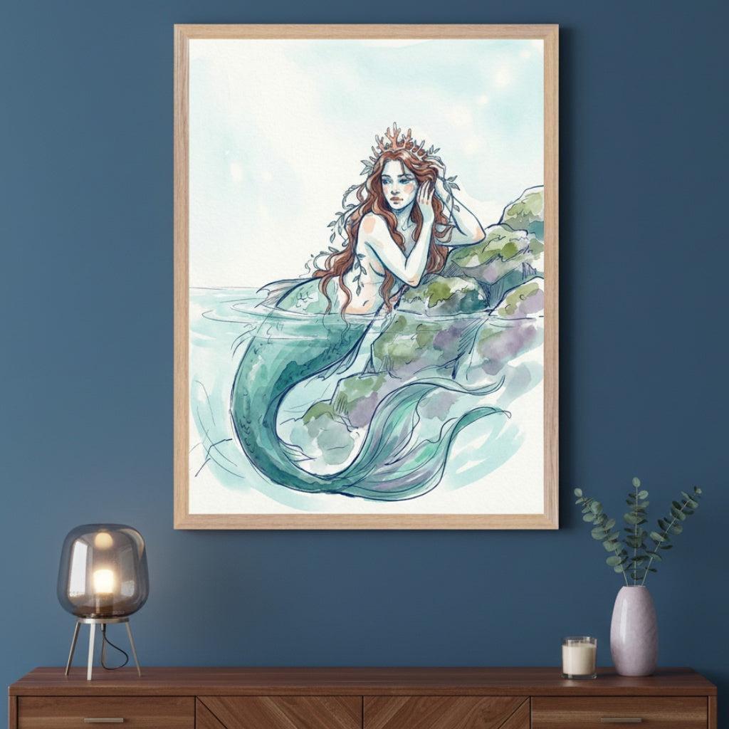Mythical Sea Maiden Whimsical Print Wall Art, Watercolor Mermaid