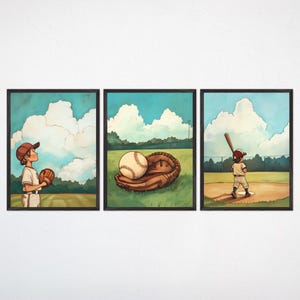 Baseball Wall Art Set - Vintage Sports Canvas Prints, Baseball Nursery Decor, Boys Room Sport Theme, Summer Wall Decor, Summer Swing