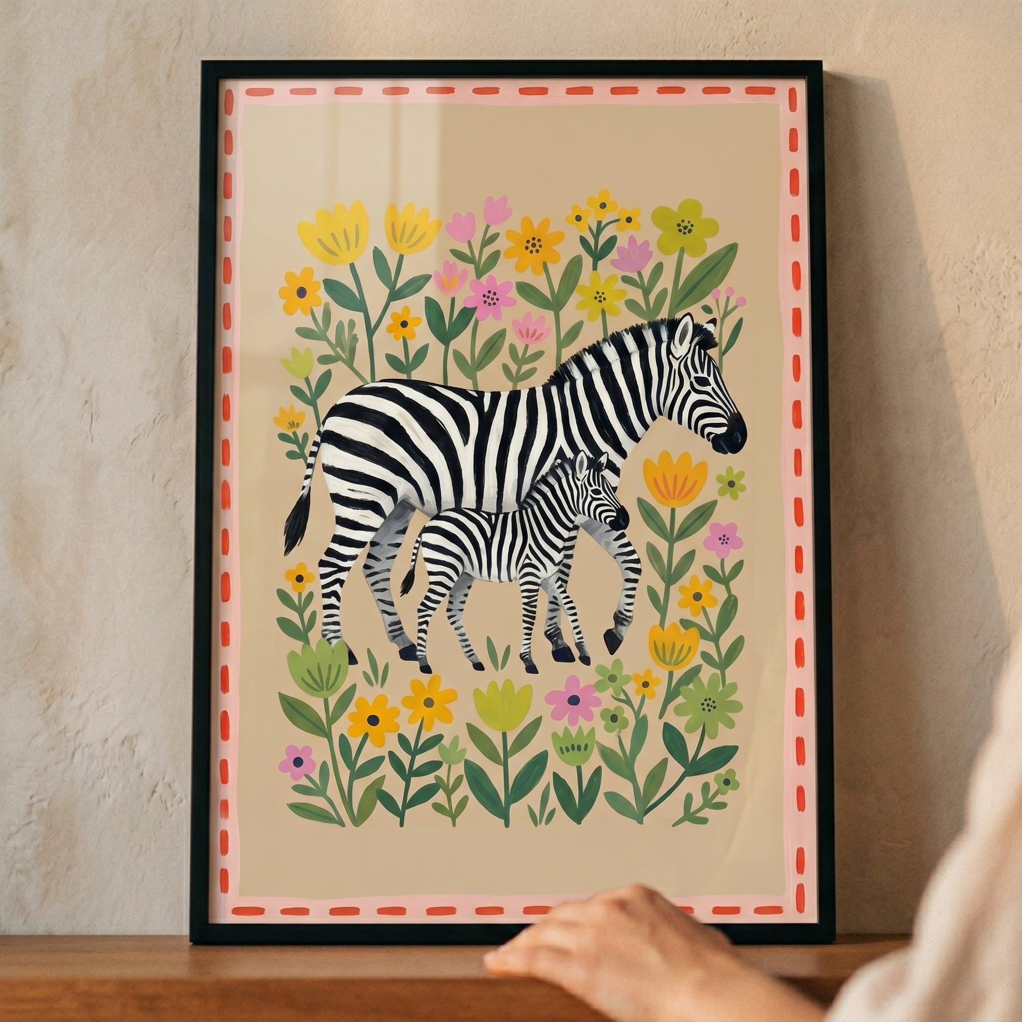 Floral Garden Zebra Wall Art, Whimsical Safari Nursery Decor, Folk
