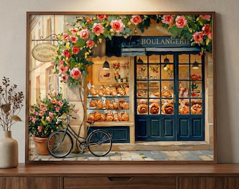 French Bakery Storefront with Pink Roses Wall Art, Paris Boulangerie Decor, European Street Scene Print, Patisserie Art, Bicycle Art Print