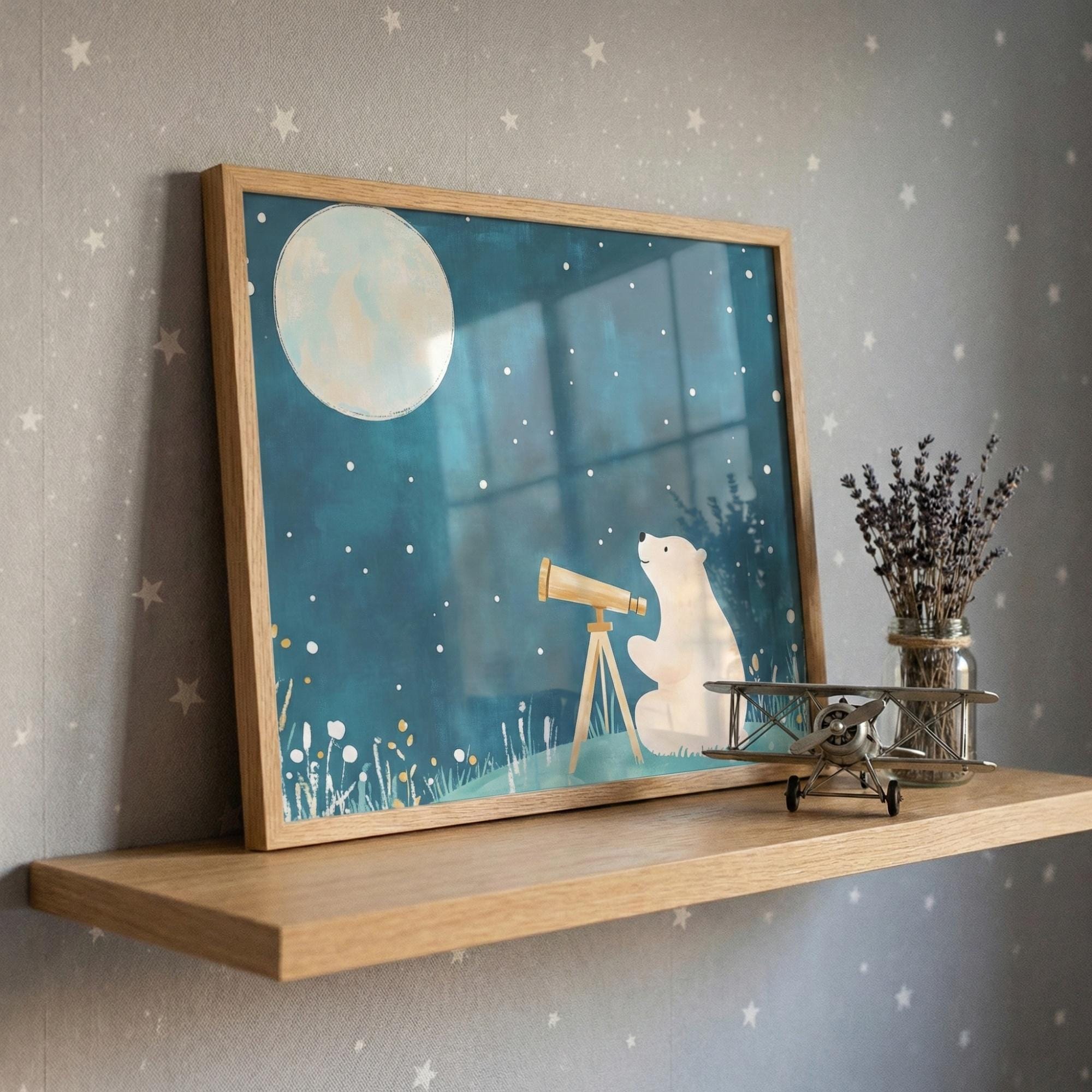 Polar Bear Stargazing With Telescope Wall Art, Whimsical Moon and