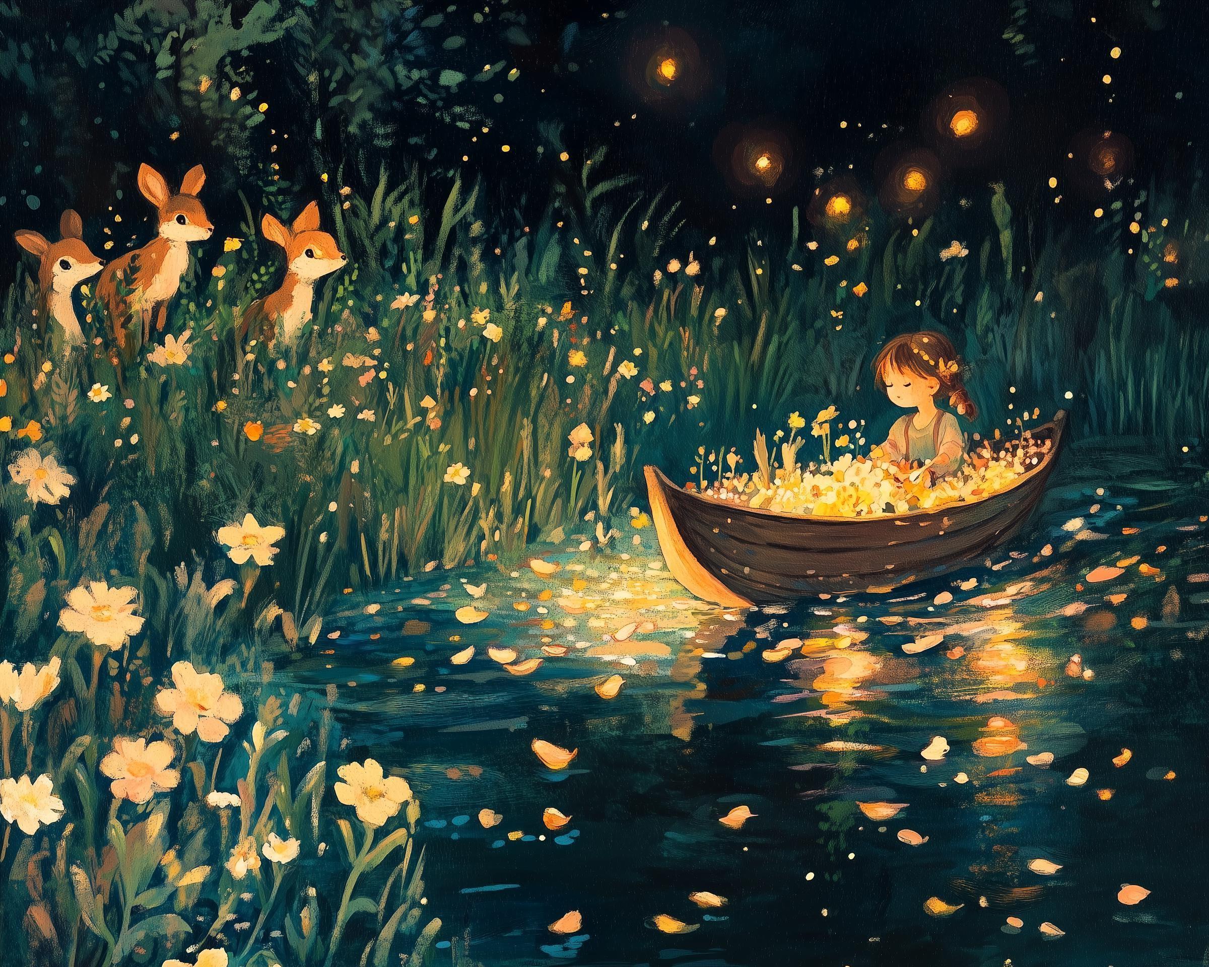 Girl In Boat Whimsical Night Scene Wall Art, Enchanted Forest