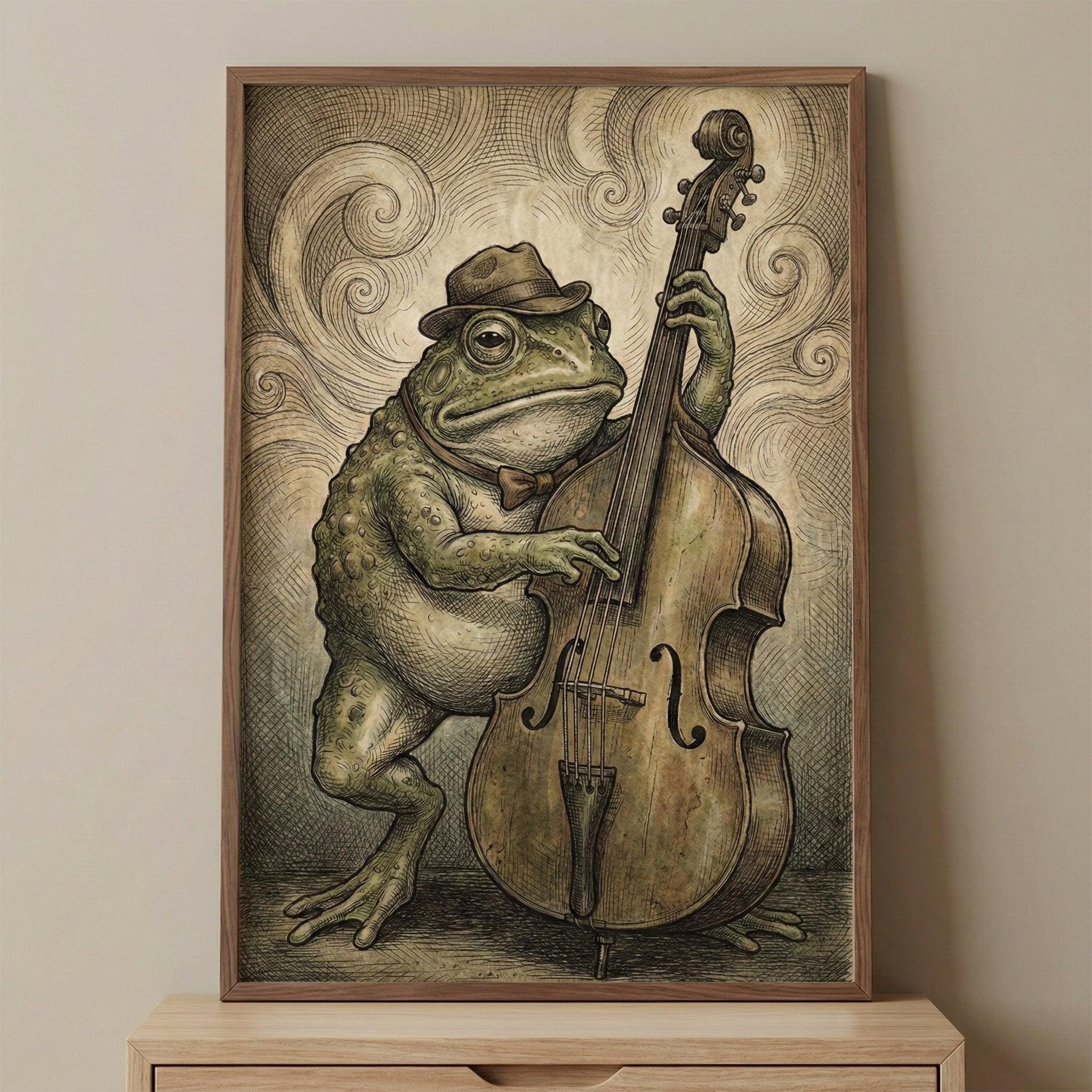 Frog Musician Vintage Illustration Wall Art, Anthropomorphic Toad