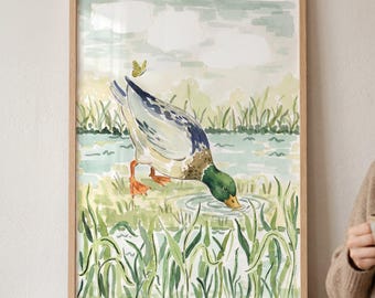 Drinking Green Mallard Duck Wall Art, watercolor nature nursery decor, pond wildlife illustration, cottagecore duck print, wetland art