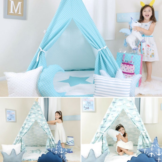 White With Red Coral Mini Stars Teepee Kids Teepee Tipi Kids Tent High Quality Kids Playhouse Custom Mats And Pillows To Match