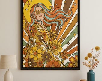 70s Psychedelic Woman Groovy Retro Style Wall Art, Hippie Flower Power Decor, Boho Celestial Goddess Print, Vintage Floral Illustration