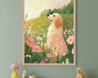 Golden Retriever Floral Meadow Wall Art, Dog Lover Gift, Cottagecore Pet Illustration, Wildflower Garden Decor, Digital Art Print