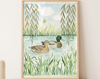 Willow Pond Duck Wall Art, mallard duck watercolor illustration, lake wildlife nursery decor, whimsical nature art print