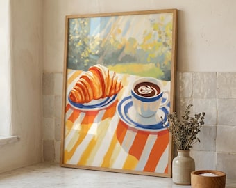 Golden Croissant and Coffee Sun Drenched Morning Wall Art, French Breakfast Decor, Cafe Bistro Art, Bakery Illustration Print, Foodie Gift