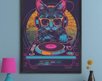 DJ Cat Synthwave Aesthetic Wall Art, Retrowave Neon Animal Poster, 80s Retro Music Studio Decor, Retro Futurism Cat Art, Vaporwave Music Art
