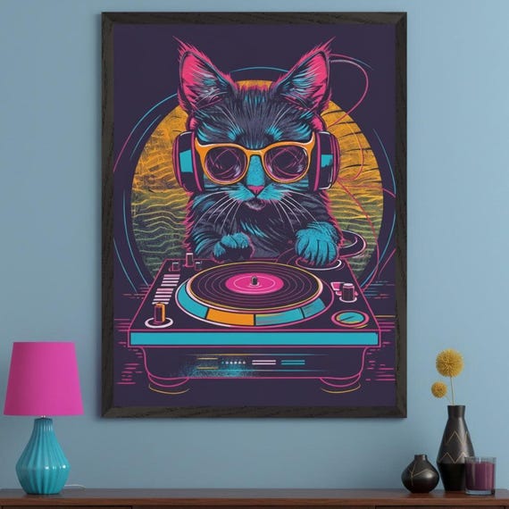 DJ Cat Synthwave Aesthetic Wall Art, Retrowave Neon Animal Poster