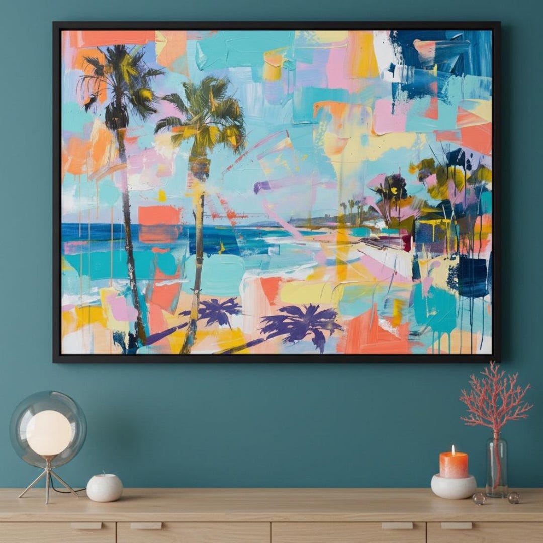 Tropical Beach Abstract Colorful Wall Art, Palm Tree Coastal Decor ...