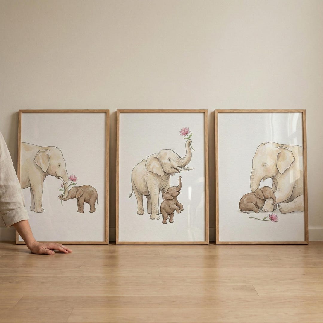 Watercolor Elephant Art Set of 3, Nursery Wall Decor, Baby Elephant ...