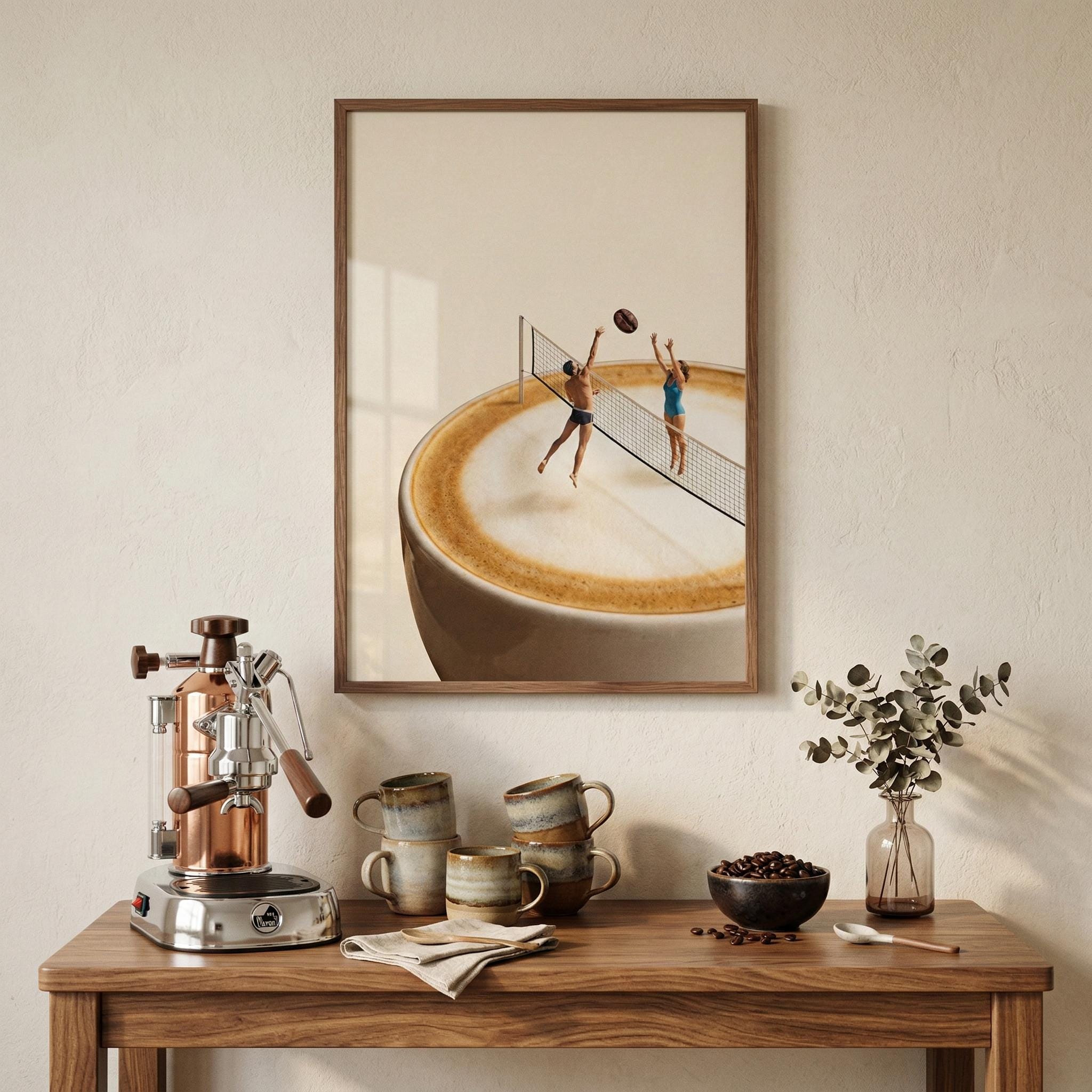 Surreal Coffee Print, Miniature People Volleyball Art, Coffee Bean