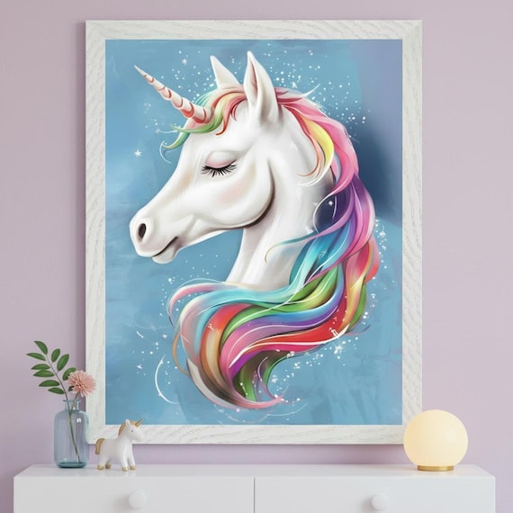 White Unicorn Rainbow Mane Wall Art, Magical Nursery Decor