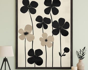 Minimalist Flowers Black and Beige Wall Art, Abstract Floral Illustration, Mid Century Modern Art, Botanical Wall Decor, Scandinavian Decor