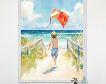 ビーチで凧揚げ - 風景、子供、海景：水彩画、壁画、アートプリント