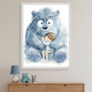 Friendly Blue Monster Hugging a Boy Nursery Art Wall, Whimsical Watercolor Print, Kids Room Decor, Boy and Monster Poster, Toddler Gift