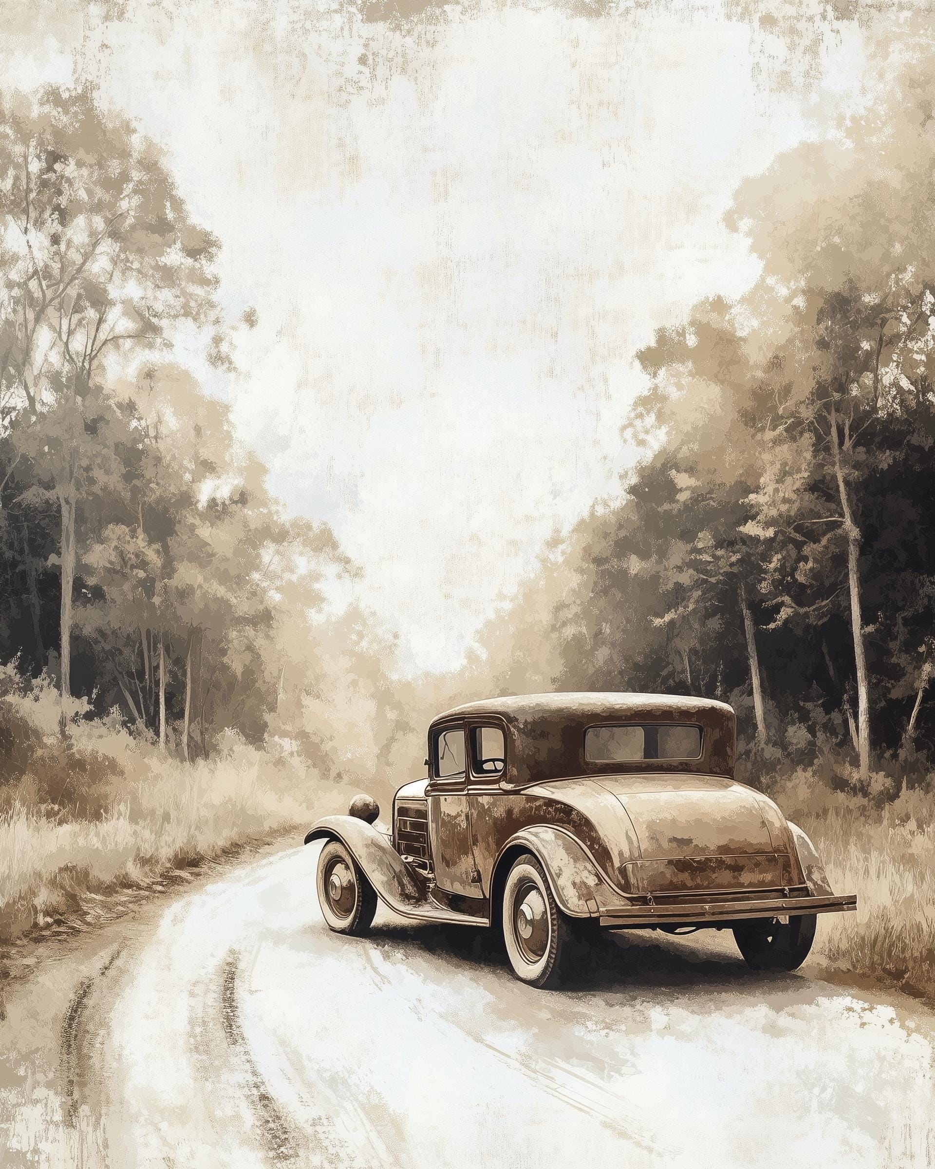 Vintage Car Sepia Tones Wall Art, Rustic Antique Automobile