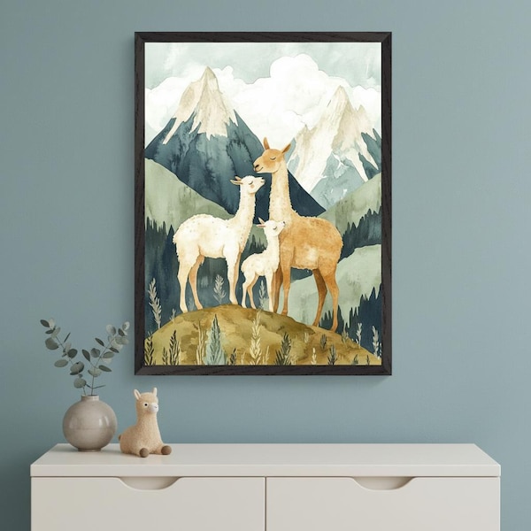 Alpaca Family Watercolor Nursery Wall Art, Mountain Kids Decor, Gender Neutral Baby Print, Whimsical Animal Illustration, Boho Nursery Art