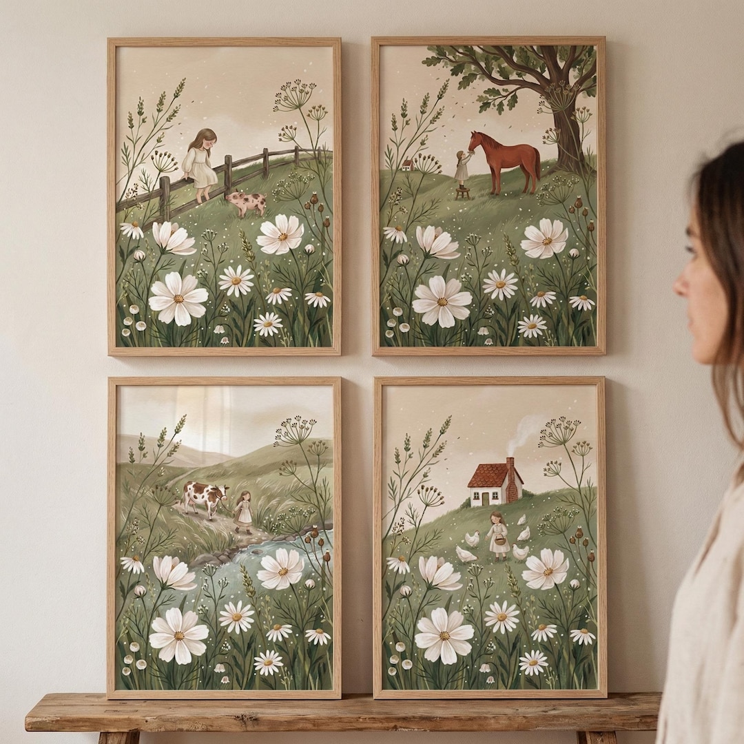 Meadow Girl Art Set of 4, Cottagecore Nursery Decor, Farm Animal Wall ...
