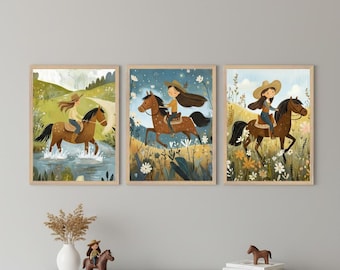 Cowgirl Wall Art Set of 3, Horse Nursery Decor, Whimsical Western Girl Illustration, Horseback Riding Prints, Little Girl Bedroom Decor