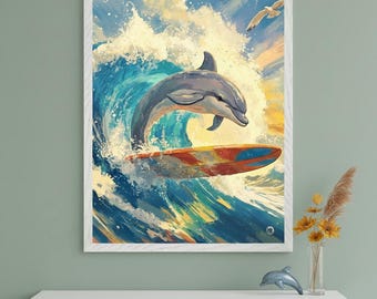 Surfing Dolphin Cresting Ocean Wave Wall Art, Coastal Nursery Decor, Tropical Sea Life Art, Beach House Print, Watercolor Dolphin Decor