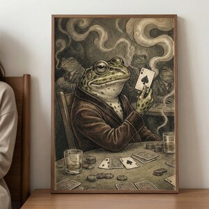 Frog Gambler Vintage Etching Style Wall Art, Anthropomorphic Poker Player Decor, Dark Academia Study Print, Surreal Toad Illustration