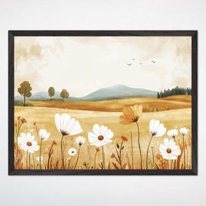 Arte mural de montaña con flores silvestres del desierto: lienzo floral sereno o póster enmarcado, guardería de bosque para niños de género neutro, Días de campo dorados
