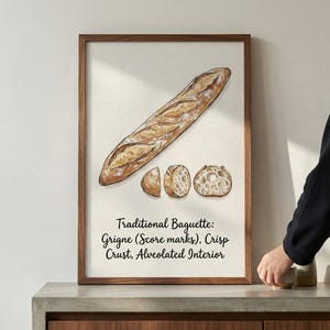 May include: Watercolor illustration of a traditional baguette, whole and sliced, in a wooden frame. The text reads: Traditional Baguette: Grigne (Score marks), Crisp Crust, Alveolated Interior.