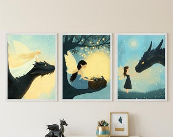 Whimsical Fairy and Dragon Print - Set of 3, enchanted forest nursery decor, mythical dragon wall art, fantasy playroom art, fairytale decor