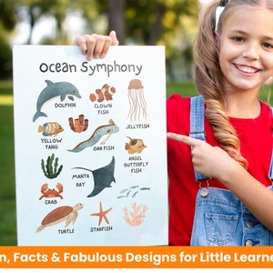 Meerestiere Lernwandbild, Ozean-Raumdekoration, Unter dem Meer Wandkunst, Lernposter für Homeschooling, Montessori Poster
