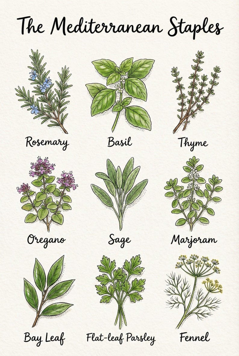 Illustrated chart titled "The Mediterranean Staples" showcasing nine culinary herbs commonly used in Mediterranean cuisine. The herbs include Rosemary, Basil, Thyme, Oregano, Sage, Marjoram, Bay Leaf, Flat-leaf Parsley, and Fennel, each drawn in detailed botanical style with distinct leaves and textures, ideal for herb identification or kitchen wall art.