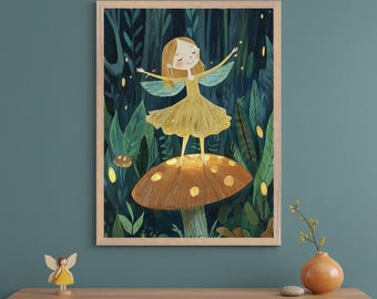 Fairy Girl Whimsical Woodland Wall Art, Enchanted Forest Nursery Decor, Magical Mushroom Sprite Print, Cottagecore Storybook Illustration