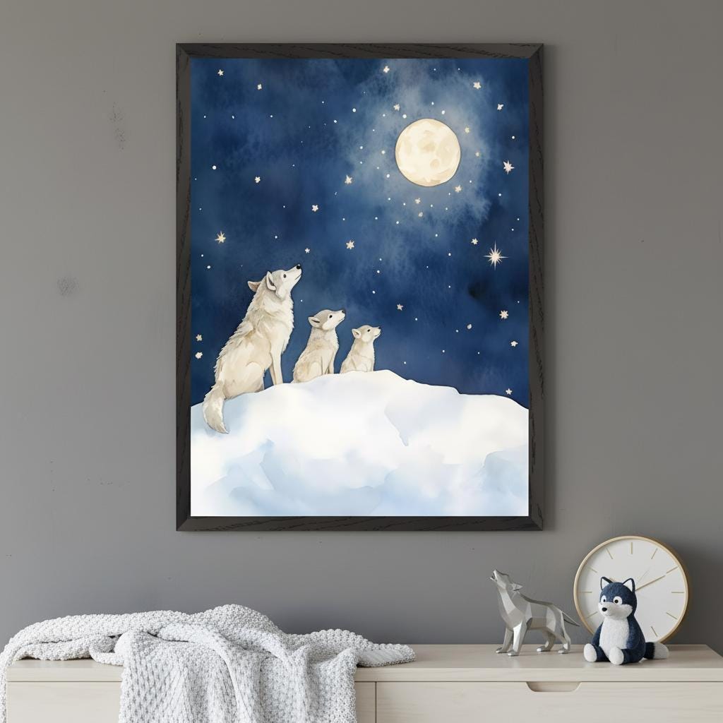 水彩画　「Polar Moon」 Wolf Family Watercolor Nursery Art Wall, Full Moon Night Sky