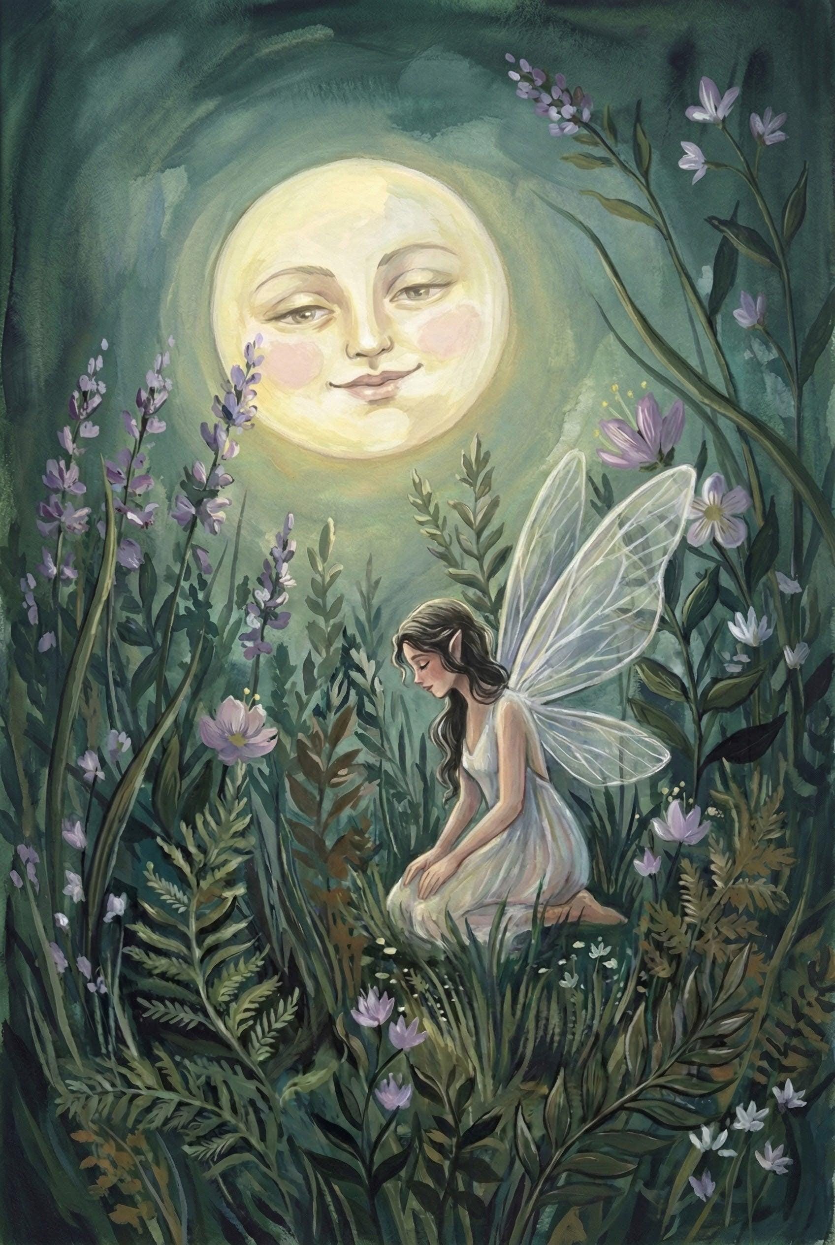 Celestial Moon Face Whimsical Folk Art Wall, Enchanted Fairy