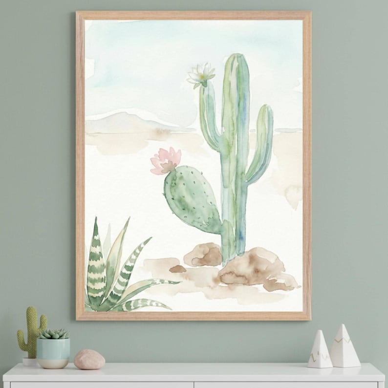 Saguaro Cactus Minimalist Watercolor Illustration Wall Art, Desert ...