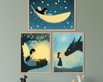 Fairy Print - Set of 3, whimsical nursery wall art, dragon and fairy illustration, enchanted forest decor, magical storybook art