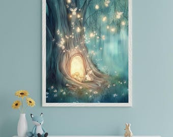 Enchanted Tree Whimsical Woodland Scene Wall Art, Magical Forest Nursery Decor, Fairy Tale Rabbit Print, Cottagecore Fantasy Art, Kids Art