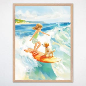 Ocean Surfing Wall Art - Girl and Dog Surf Canvas, Beach Kids Room Decor, Surfing Nursery Poster, Coastal Adventure Art, Seaside Adventures