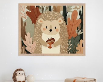 Woodland Hedgehog Nursery Wall Decor, Forest Animal Art Print, Fall Leaves Baby Room Decor, Whimsical Hedgehog Illustration, Nature Poster