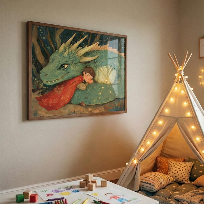 Nursery Wall Art of Dragon and Child, Kids Room Decor, Fantasy Forest Storybook Print, Mythical Creature Art image 8