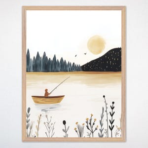 Berg Angeln Kinderzimmer Wandbild, Serene See Leinwand Kunst, Rustikale Natur Poster, Gender-Neutrale Kinderzimmer Dekor