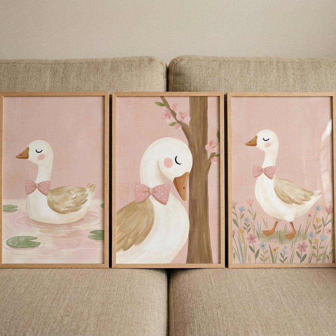 Vintage Pink Bow Goose Wall Art Set of 3, Watercolor Nursery Decor ...