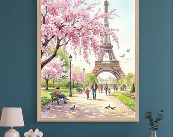 Paris Landmark Pink Cherry Blossoms Wall Art, Watercolor French City Decor, Springtime Parisian Park Art, European Cityscape Travel Print